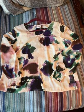 CAbi Watercolor Print Top in Cream, Purple & Green